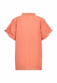Short-sleeve coral blouse made from lightweight fabric, featuring a ruffled neckline and soft texture with a loose fit silhouette.