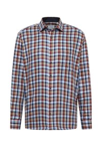 Camicia a maniche lunghe a quadri con una combinazione di colori marrone, blu e crema. Presenta bottoni e colletto, realizzata in un tessuto leggero.
