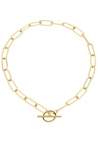 Guld kæde med aflange ovale led, der har en rund toggle-lås. Glat tekstur med en poleret overflade.