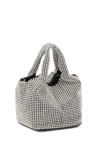 Borsa a mano argento scintillante ricoperta di piccole pietre acriliche, con due manici corti e un design morbido e strutturato con accenti neri.