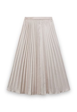 Gonna midi beige chiaro plissettata con vita elasticizzata, tessuto liscio simile al raso e pieghe verticali strette e regolarmente distanziate.