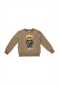 Brązowa bluza z grafiką pluszowego niedźwiedzia w okularach przeciwsłonecznych i czarnym ubraniu, z prążkowanymi mankietami i dołem.