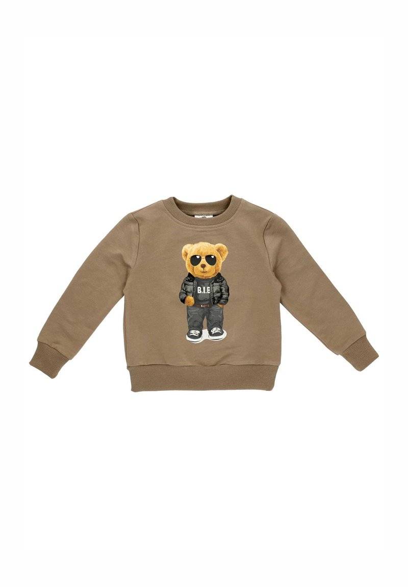 Brązowa bluza z grafiką pluszowego niedźwiedzia w okularach przeciwsłonecznych i czarnym ubraniu, z prążkowanymi mankietami i dołem.