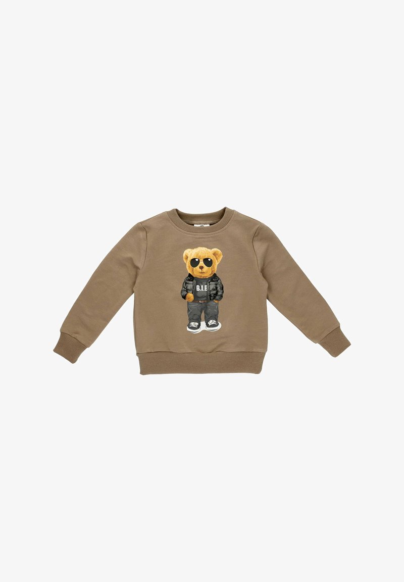 Brązowa bluza z grafiką pluszowego niedźwiedzia w okularach przeciwsłonecznych i czarnym ubraniu, z prążkowanymi mankietami i dołem.