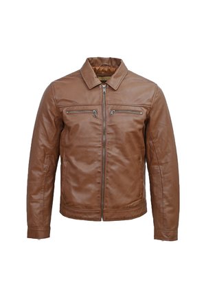 Bruine leren jas met een ritssluiting aan de voorkant, twee borstzakken en een kraag. Heeft een gladde textuur en een nauwsluitend ontwerp.