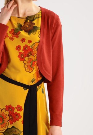 Femme portant une robe jaune fleurie avec des motifs rouges et verts, une ceinture noire, et un cardigan rouge court à manches longues.