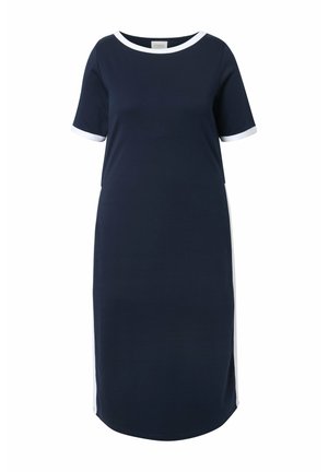 Laivastonsininen polvimittainen mekko, jossa on lyhyet hihat, valkoinen reunus pääntiessä ja kalvosimissa sekä valkoiset raidat sivuilla.