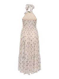 Μακρύ φόρεμα χωρίς μανίκια με halter neck, ραμμένο κορσέ και πολλαπλά στρώματα φούστας, μπεζ με λεπτό μοτίβο μωβ λουλουδιών.