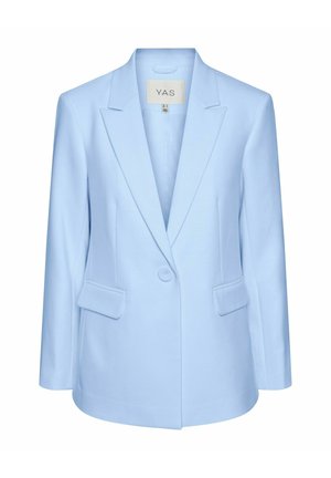 Hele sinine kohandatud pintsak notsslappidega, ühe nupuga kinnitusega ja kahe ees oleva kaetava taskuga.