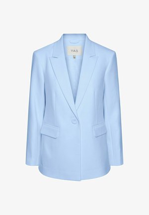 Lyseblå skræddersyet blazer med hakkrave, enkeltknaplukning og to forlommer med klap.