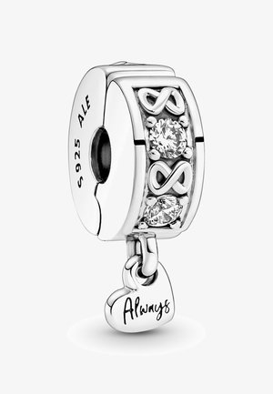 Encanto de pulsera de plata con símbolos infinitos y piedras transparentes, con un colgante en forma de corazón grabado con la palabra "Siempre". Marcado S 925 ALE.