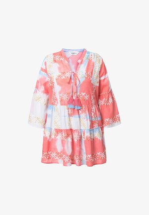 Puuvillamekko, jossa on solmimiseka, kerroksellinen muotoilu ja korallin, sinisen ja valkoisen sidontamaalauksen kuviot. Kirjailtuja kukkakuvioita ja tupsuja.