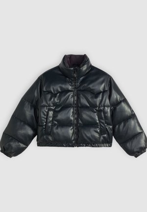 Black cropped puffer jacket with a shiny finish, high collar, zip closure, and two side pockets; features elastic cuffs and a padded design.