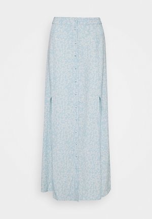 Jupe midi bleu clair à motif floral blanc, avec fermeture boutonnée à l'avant et fentes latérales.