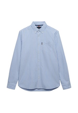 Light blue long-sleeve button-up shirt with white vertical stripes, a front chest pocket, and a collar.