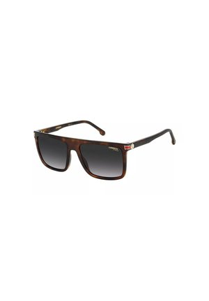 Occhiali da sole tartarugati marroni con montatura quadrata, lenti scure e rifiniture in metallo elegante sulle tempie, con il logo Carrera.