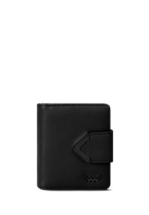 Schwarze Leder-Geldbörse mit strukturierter Oberfläche, rechteckiger Form und stilisiertem Verschluss. Verfügt über ein dezentes Logo und ein minimalistisches Design.