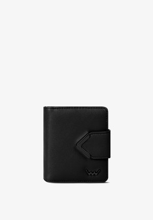 Black leather wallet with a textured surface, rectangular shape, and a stylized closure. Features a subtle logo and minimalist design.