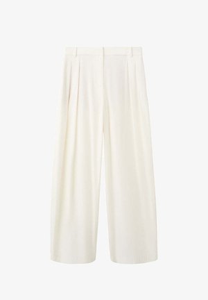 Pantalon crème taille haute à jambes larges avec plis sur le devant, passants pour ceinture et design épuré et ajusté.