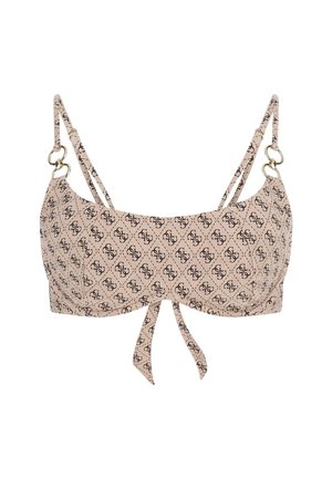 Bikini top in nude with black monogram pattern. Features thin adjustable straps, a tie front, and gold-tone hardware accents.