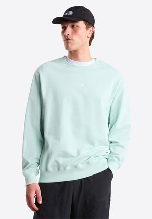 Hellmintgrüner Pullover mit gerippten Bündchen und Saum, mit kleinem weißem Logo auf der Brust, kombiniert mit einer schwarzen Mütze.