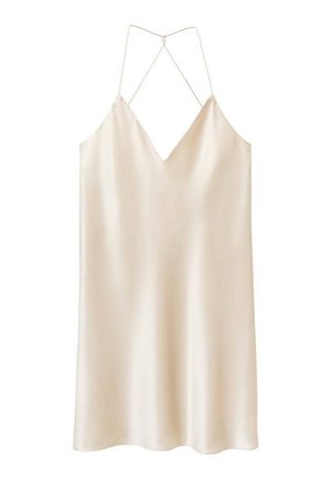 Satin-Negligé in Creme mit V-Ausschnitt, dünnen verstellbaren Trägern und entspanntem Sitz. Verfügt über eine glatte Textur und eine fließende Silhouette.