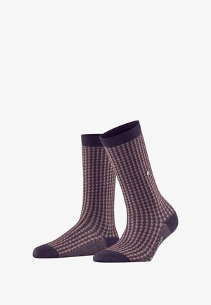 Violette und hellrosafarbene gemusterte Socken mit gerippter Textur, versehen mit kontrastierenden einfarbigen Bündchen sowie verstärkten Zehen- und Fersenbereichen.