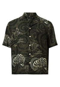 Short-sleeve shirt in dark green cotton with white dragon and floral patterns, featuring a notched collar and button front closure.