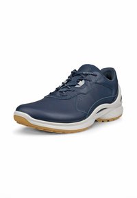 Scarpa stringata in pelle blu navy con tomaia strutturata, suola intermedia bianca e suola esterna in gomma colorcaoutchouc, caratterizzata da perforazioni per la traspirabilità.