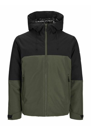 Hættejakke med en sort øverste del og en olivengrøn nederste del. Har en frontlynlås og to sidelommer. Glat tekstur og sporty design.