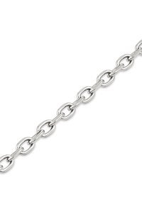 Catena in metallo argento con anellini ovali e allungati alternati su uno sfondo bianco.