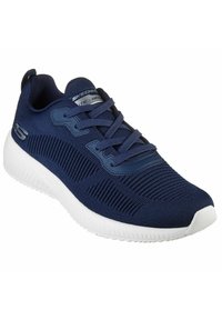 Navyblaue Sportschuhe mit strukturiertem Mesh-Obermaterial, Schnürdesign und weißer Gummisohle. Verfügt über seitliche Akzente und das Markenlogo auf der Zunge.