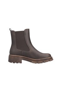 Bottines marron avec des panneaux latéraux élastiques, des inserts en tissu texturé et un talon bloc robuste. La tige a une finition en cuir lisse.
