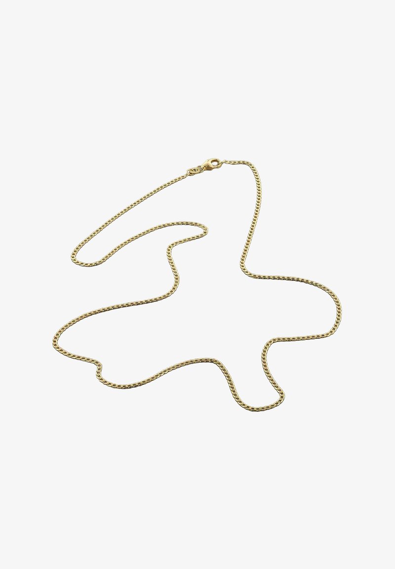 Goldfarbener Kettenhalsreif mit verdrehtem Design, ausgestattet mit einem Karabinerverschluss. Glatte Textur, flexibles Format.