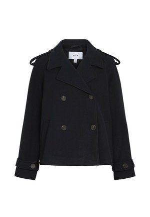 Black wool coat with a double-breasted design, large collar, shoulder epaulettes, and buttoned cuffs. Features front pockets and bronze buttons.