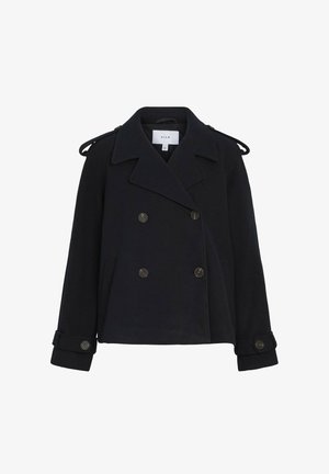 Black wool coat with a double-breasted design, large collar, shoulder epaulettes, and buttoned cuffs. Features front pockets and bronze buttons.