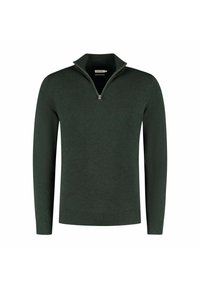 Donkergroene pullover trui met een halve ritssluiting, lange mouwen, ribgebreide manchetten en zoom, gemaakt van zacht materiaal met een gladde textuur.