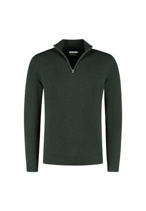 Donkergroene pullover trui met een halve ritssluiting, lange mouwen, ribgebreide manchetten en zoom, gemaakt van zacht materiaal met een gladde textuur.
