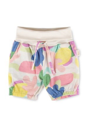 Pantaloncini per bambini piccoli con vita elasticizzata e motivo astratto multicolore in tonalità pastello di blu, giallo, rosa, verde e viola.