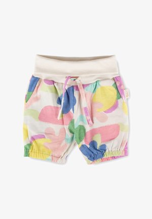 Kinder-Shorts in Kleinkindgröße mit elastischem Bund und mehrfarbigem abstraktem Muster in Pastelltönen Blau, Gelb, Pink, Grün und Lila.