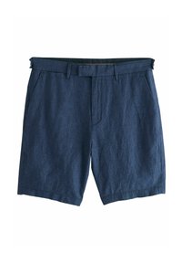 Shorts bleu marine en tissu léger, avec un design à front plat, des poches latérales et une coupe droite avec une texture lisse.