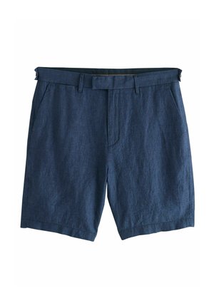 Pantaloni corti blu navy realizzati in tessuto leggero, con design a vita piatta, tasche laterali e taglio dritto con una superficie liscia.