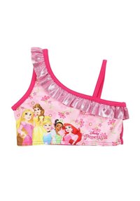 Haut de bikini pour filles, une épaule, de couleur rose, avec des volants métalliques, des princesses Disney illustrées et un motif floral sur un fond clair.