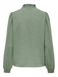 Lichtgroene, gestructureerde blouse met lange mouwen, hoge geplooide kraag, pofmouwen en knoopmanchetten gezien van achteren.