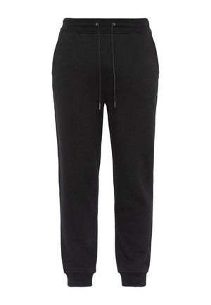 Pantalons de survêtement noirs en tissu doux, avec une taille élastique et un cordon de serrage réglable, des poches latérales et des poignets ajustés.