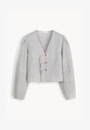 Krótka kurtka z długim rękawem, w małą szarą kratkę, z dekoltem w serek i trzema ozdobnymi złotymi guzikami po lewej stronie z przodu.