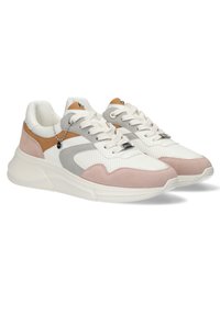 Women's sneakers featuring a mix of white leather, grey suede, and pink accents. The design includes mesh detailing and textured soles.