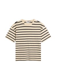 Beige bomulds t-shirt med sorte vandrette striber, korte ærmer og rund halsudskæring. Har en afslappet pasform og en simpel kanten.