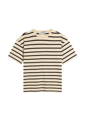 T-shirt in cotone beige con righe orizzontali nere, maniche corte e scollatura tonda. Presenta una vestibilità comoda e dettagli semplici all'orlo.