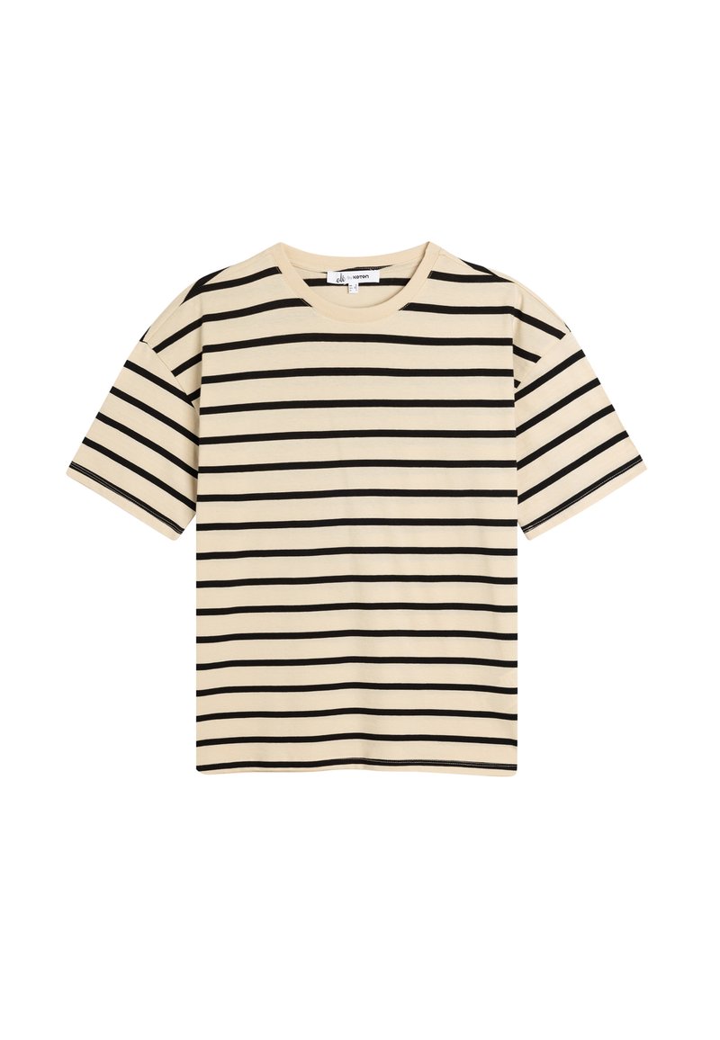 Beige bomulds t-shirt med sorte vandrette striber, korte ærmer og rund halsudskæring. Har en afslappet pasform og en simpel kanten.